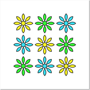 Flowers Pattern (Yellow Green Blue) Posters and Art